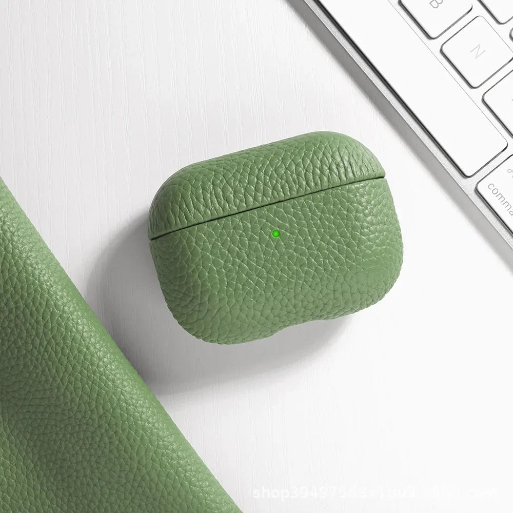 For AirPods Pro 3 Lychee Pattern Cowhide Leather Case for Airpods 4 3 2 1 Pro All-inclusive Earphone Protection Handmade Cover