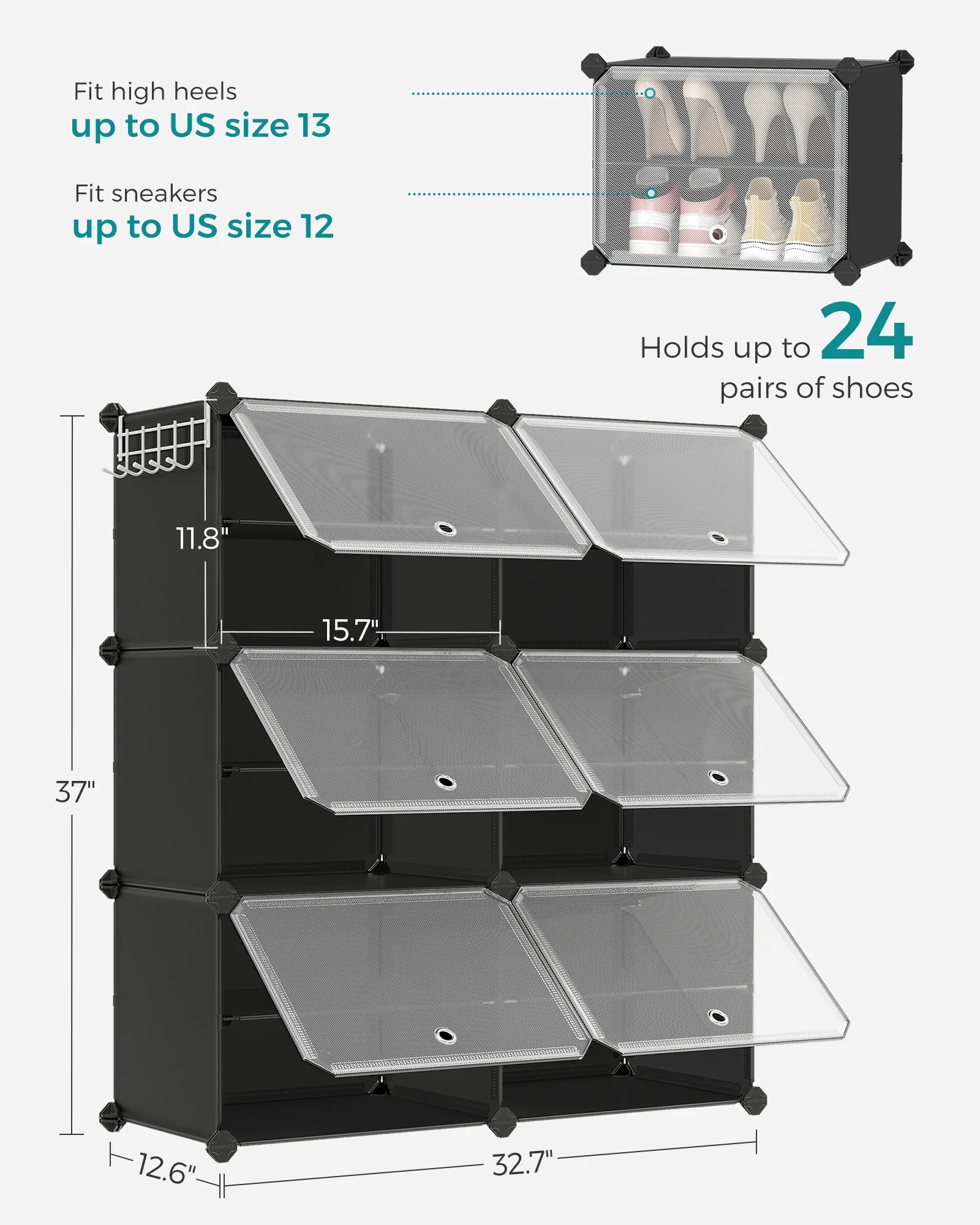 SONGMICS Interlocking Shoe Rack with Doors, 24-Pair 6-Tier Shoe Organizer, Steel Frame and Plastic Shelves