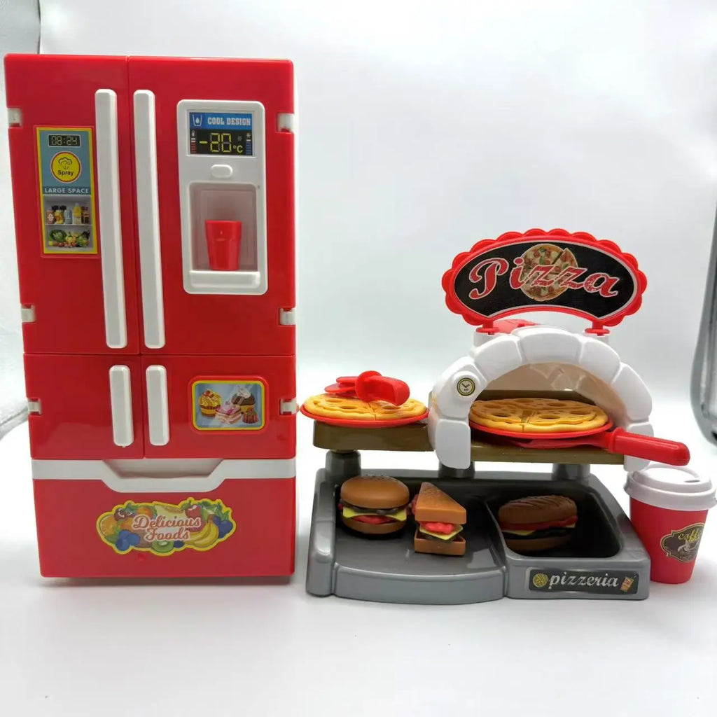 Kitchen Pretend Play House Set Spray Water Vapor Mini Fridge Kitchen Fast Food Burger Fries Dessert Educational Role Play Toys