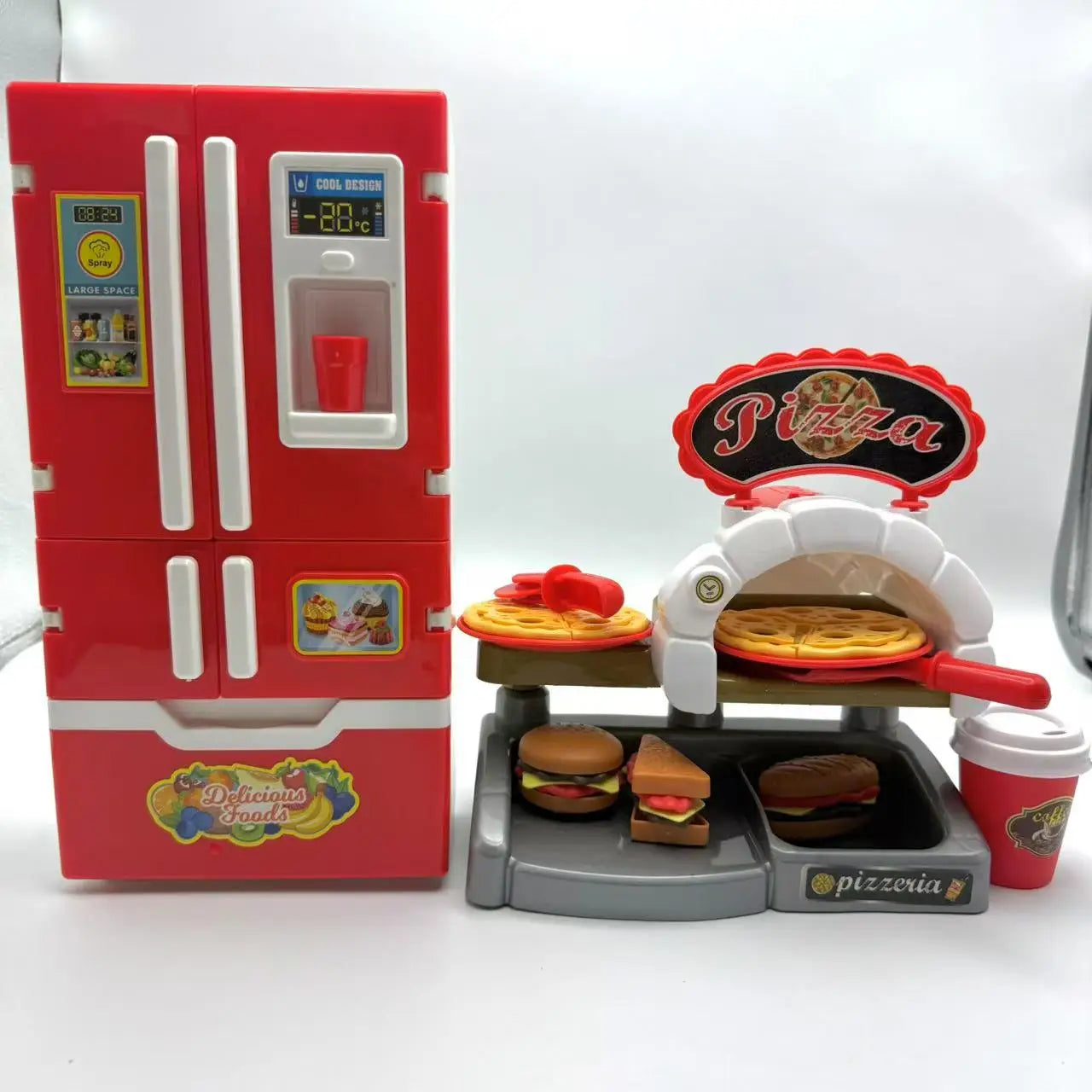 Kitchen Pretend Play House Set Spray Water Vapor Mini Fridge Kitchen Fast Food Burger Fries Dessert Educational Role Play Toys