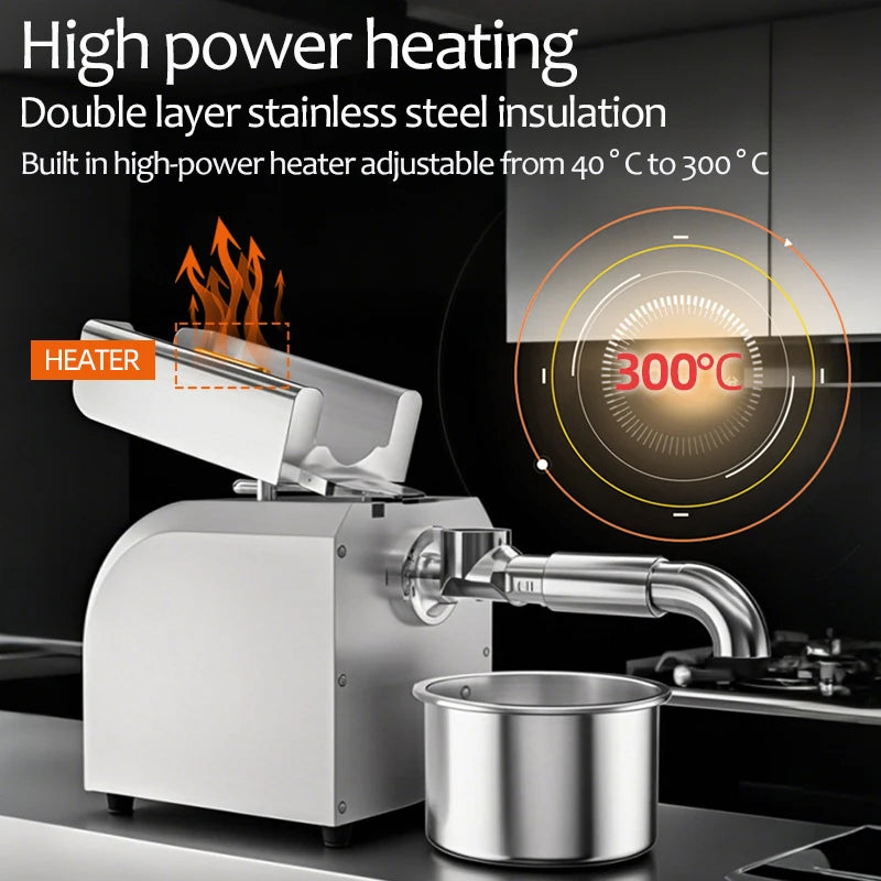 Electric Oil Press Machine, Cold/Hot Press for Coconut/Olive/Peanut, Automatic Stainless Steel Home Use Energy Saving Low Noise