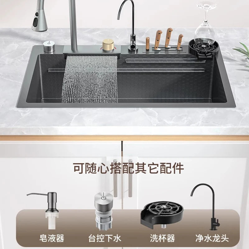 Kitchen 304 Stainless Steel Flying Fish Waterfall Vegetable Basin, Household Dishwasher Sink, Large Single Sink