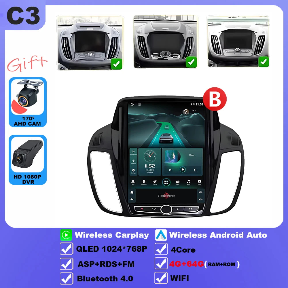 Wireless Android 15 Carplay For Ford Kuga 2 Escape 3 2012-2019 9.7 Inch Tesla Style Car Multimedia Player 5G Wifi Touch Display