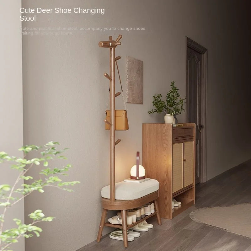 Realife Solid Wood Deer Shoe Changing Stool With Hanging Clothes Rack Integrated For Home Use Shoe Cabinet For Sitting 2025 New
