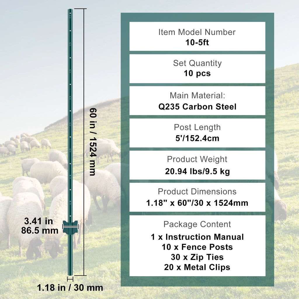 VEVOR Fence Post T-Post Heavy Duty Metal Fence Posts Sturdy Steel Fence Stakes for Garden Yard Lawn Farms & Outdoor Wire Fencing