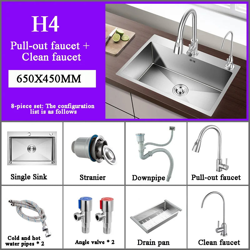 Stainless Steel Kitchen Sink Farm House Above Counter Undermounter Single Bowel Wash Basin with Faucet Drain Kitchen Accessories