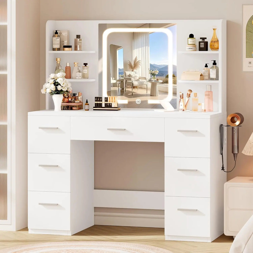 Large Makeup Vanity Desk. Pink, 43.3'Wx15.7'Dx53.2'H (Samrt LED Mirror, 4 Open Shelves, 7 Drawers, Hairdryer Rack, Power-Outet)