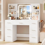 Large Makeup Vanity Desk. Pink, 43.3'Wx15.7'Dx53.2'H (Samrt LED Mirror, 4 Open Shelves, 7 Drawers, Hairdryer Rack, Power-Outet)