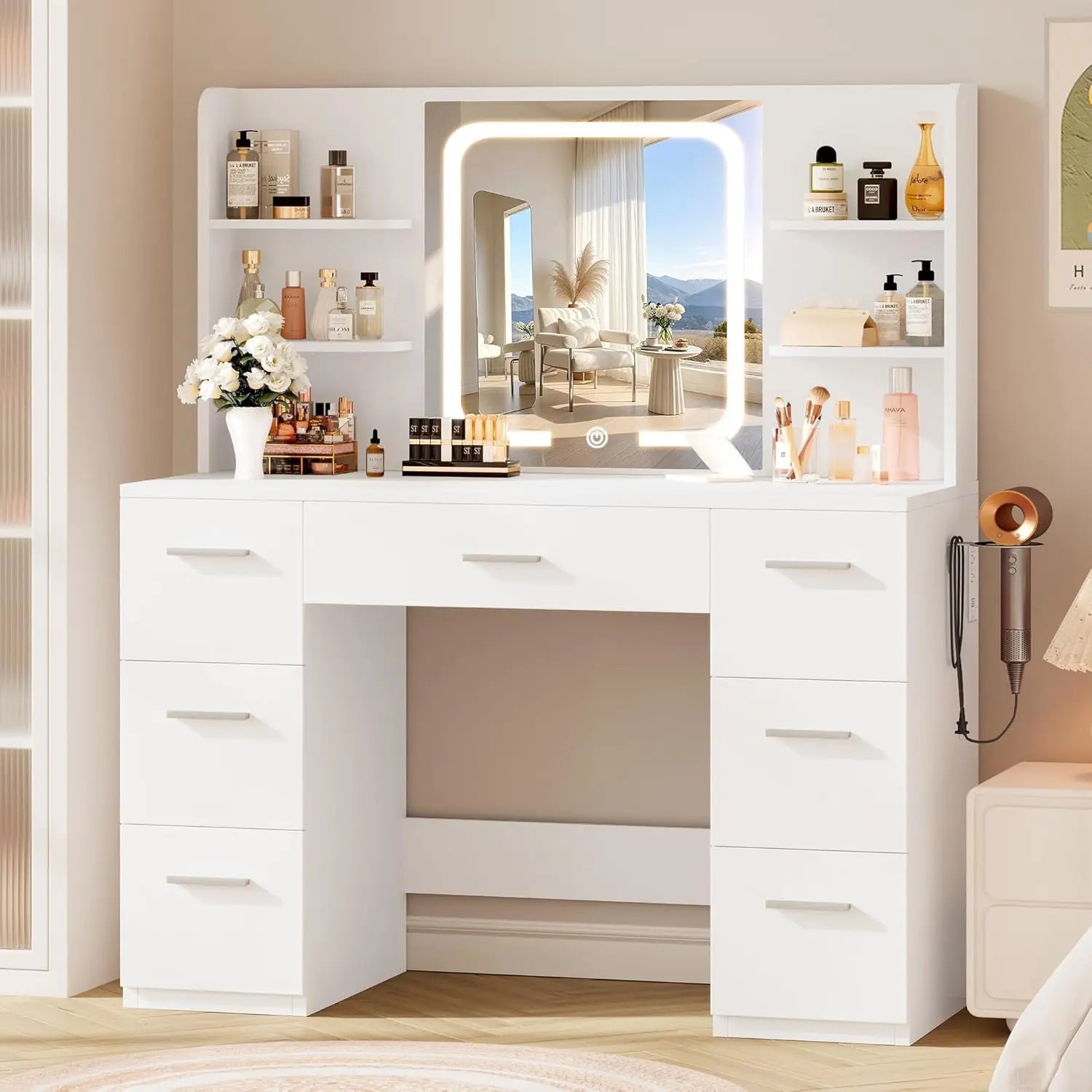 Large Makeup Vanity Desk. Pink, 43.3'Wx15.7'Dx53.2'H (Samrt LED Mirror, 4 Open Shelves, 7 Drawers, Hairdryer Rack, Power-Outet)