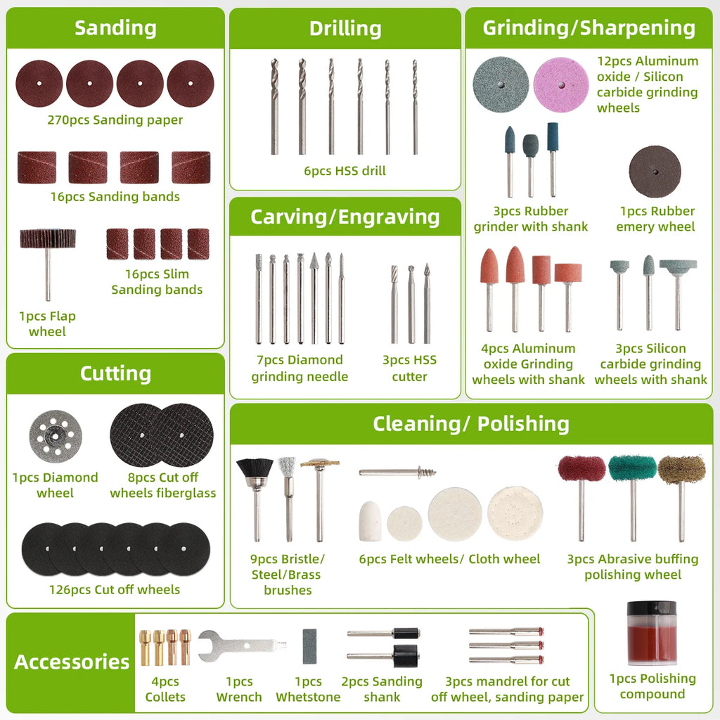 510PCS Rotary Tool Accessories Kit Abrasive Set Electric Drill Bit Kit Sanding Polishing Cutting Engraving Heads With Box