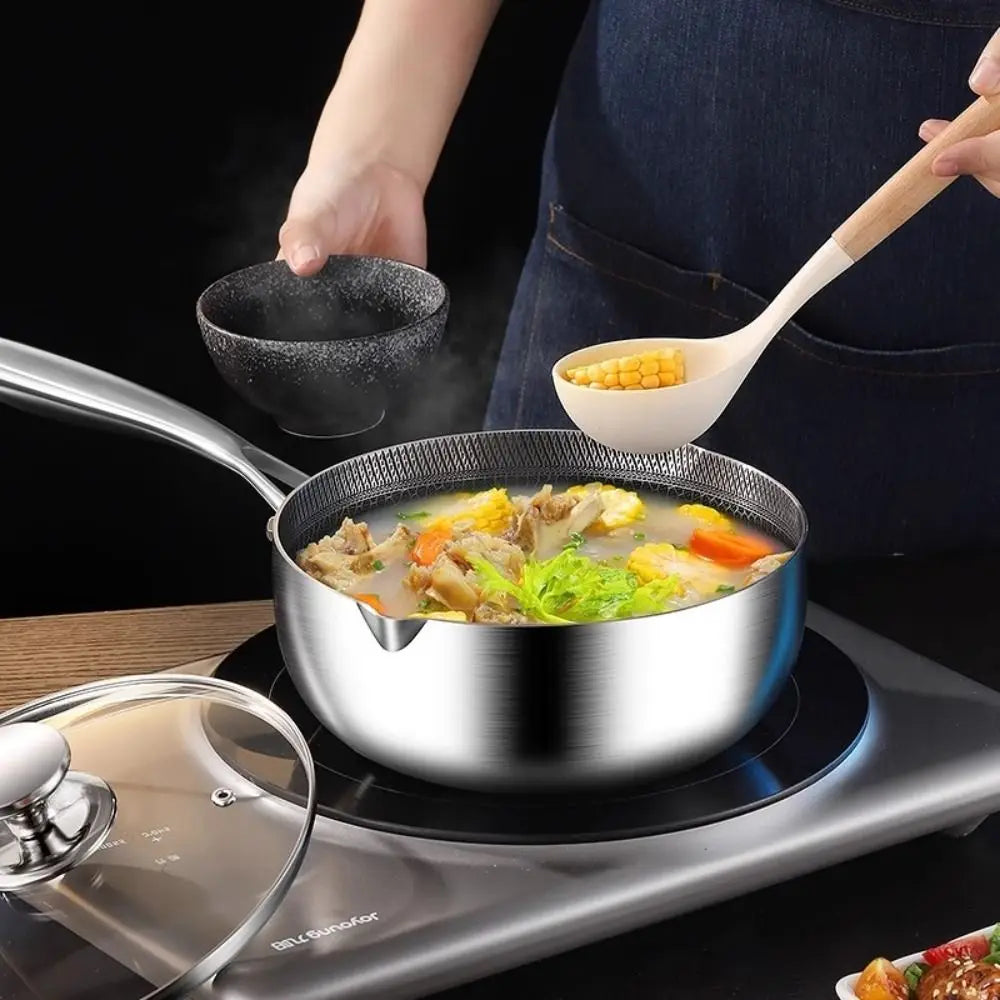 Kitchen Utensils Japanese Style Fryer Pan Versatile Silver Milk Pot Stainless Steel with Lid Deep Fryer Pot Induction Cooker