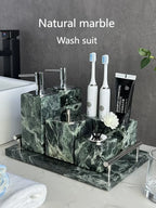 Luxury Marble Bath Set: Shampoo Bottles, Tray & Canister Organizer, Natural Stone Accessories for Home & Hotel Bathroom Decor