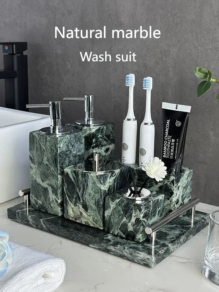 Luxury Marble Bath Set: Shampoo Bottles, Tray & Canister Organizer, Natural Stone Accessories for Home & Hotel Bathroom Decor