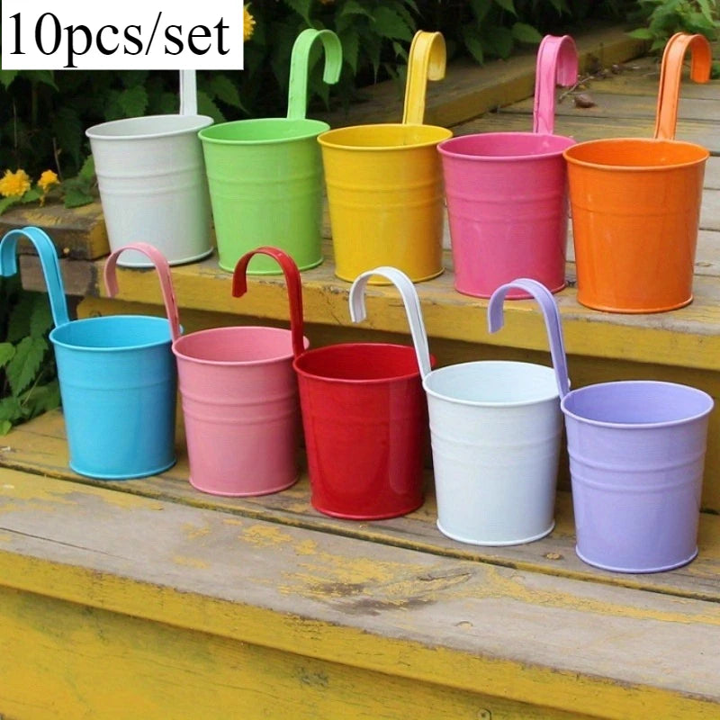 10pcs/set Metal Bucket Planter Wall-Mounted  Flower Pot for Balcony - Indoor/Outdoor Garden Decor with Hanging & Drainage Holes