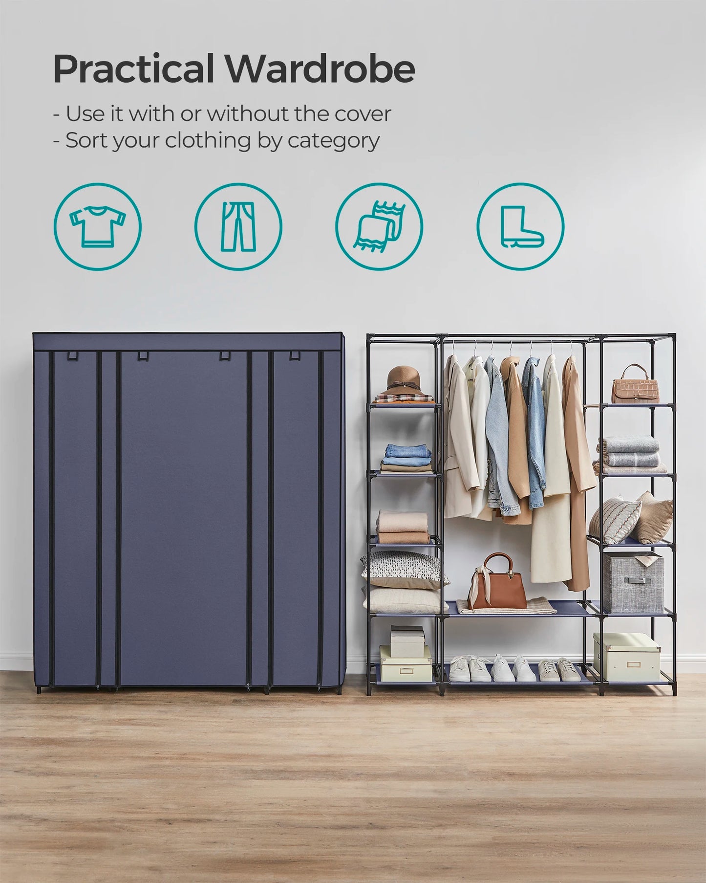 SONGMICS Closet Wardrobe, Portable Closet for Bedroom, Clothes Rail with Non-Woven Fabric Cover, Clothes Storage Organizer