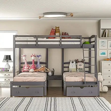Triple Bunk Bed Full Over 2 Twin Bunk Bed with 3 Drawers and Guardrails, Bunk Bed for Family, Teens, No Box Spring Needed