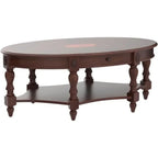 Solid Wood Coffee Table with Drawer and Storage Shelf, Traditional Living Room Cocktail Tea, Oval Center Carvings Side Vintage
