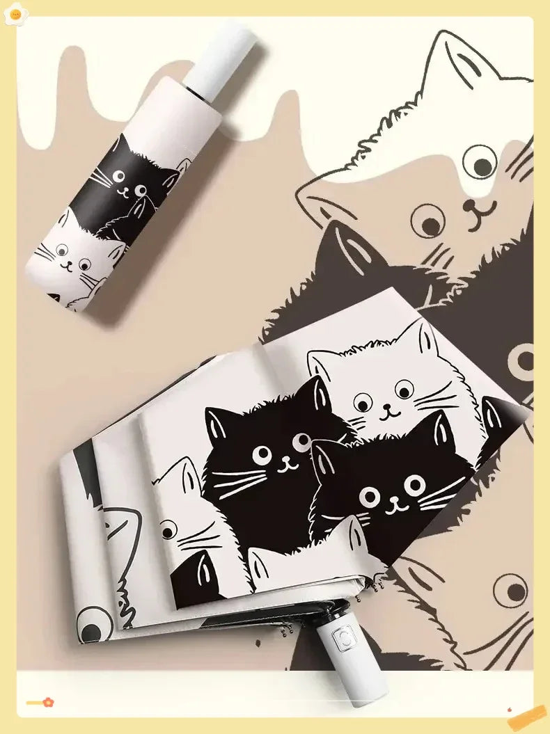 Simple Cartoon Kittens Printed Black And White Umbrella, Sunny And Rainy Dual-use UV Protection Umbrella