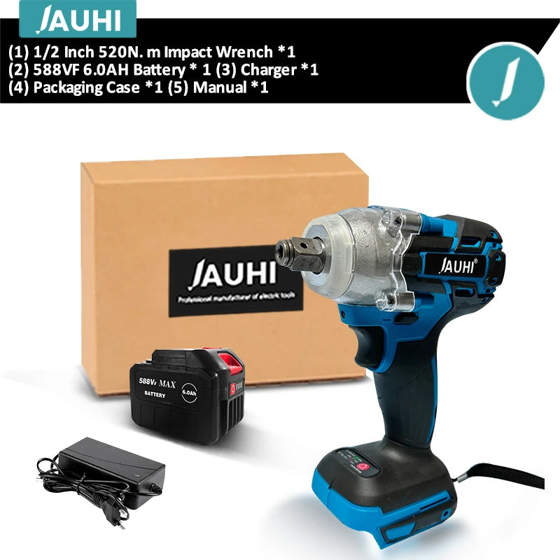 JAUHI 520N.M Brushless Electric Impact Wrench Cordless Electric Wrench 1/2 Inch Screwdriver Power Tools For Makita 18V Battery