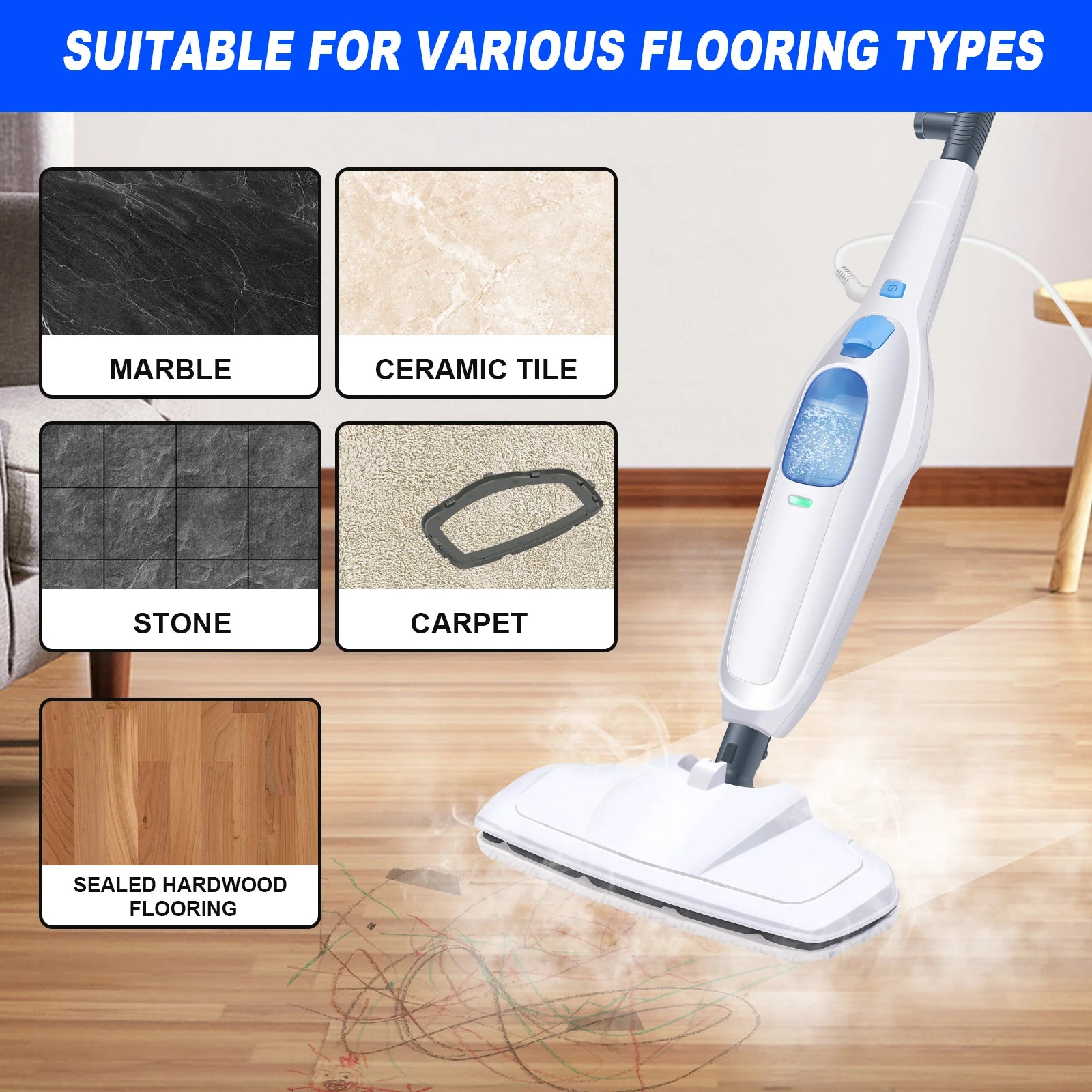 1500W Hot Steam Cleaner Handheld, 115cm Aluminum Rod, 400ml Water Tank, 4.8M Cable, 20s Fast Heating Up, 28g/min