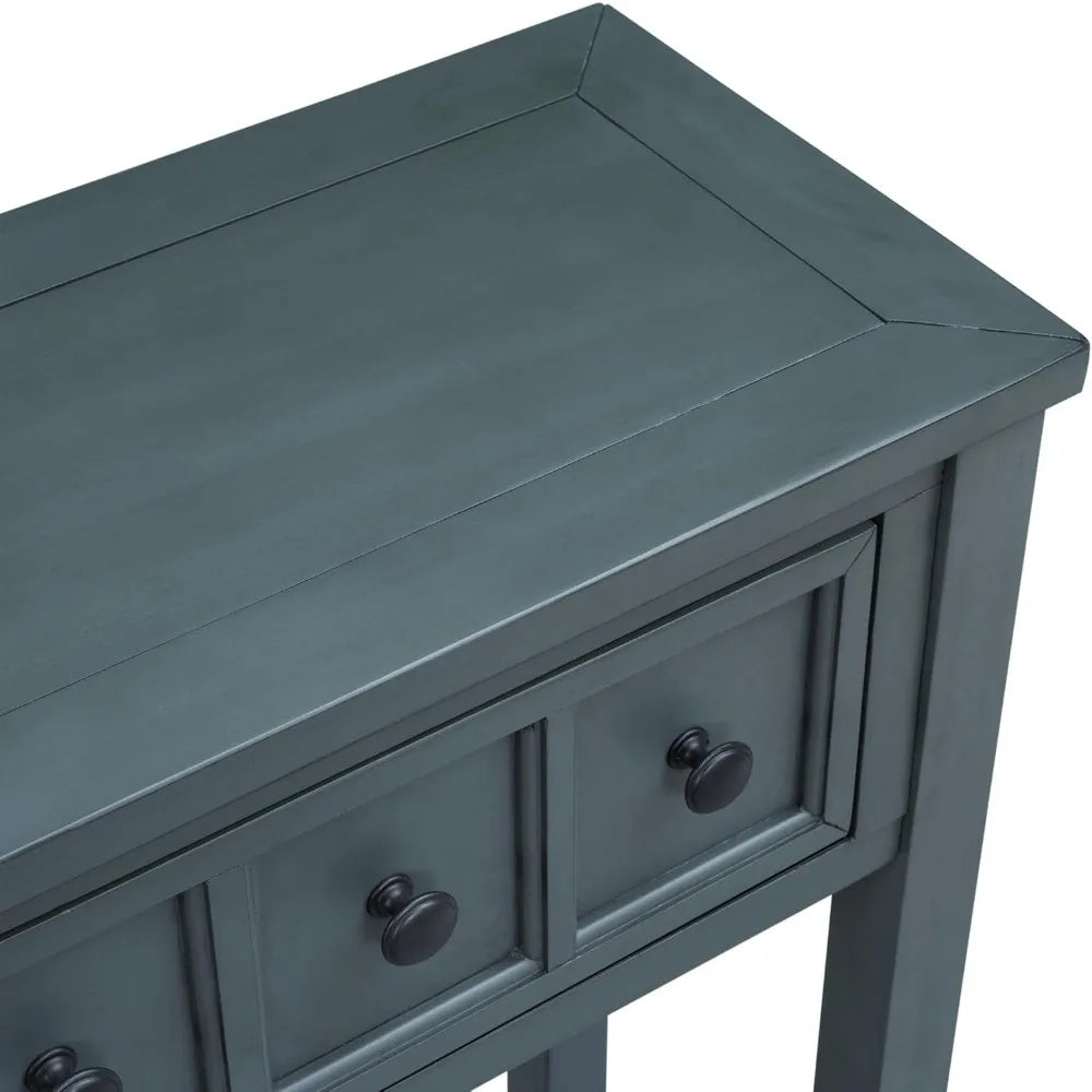 Merax Long Farmhouse Entryway Table with Storage Drawers and Bottom Shelf, Sofa Console Table for Living Room Hallway, Navy Blue