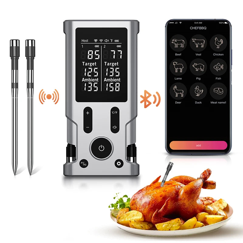 Wireless Meat Thermometer Digital Bluetooth Food Thermometer 2 Probe with LCD Display for Grill, Smoker, Air Fryer, Rotisserie