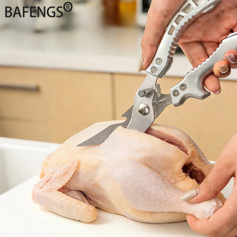 Multi-functional stainless steel kitchen scissors | Ergonomic handle, ambidextrous design, suitable for poultry, fish, and meat