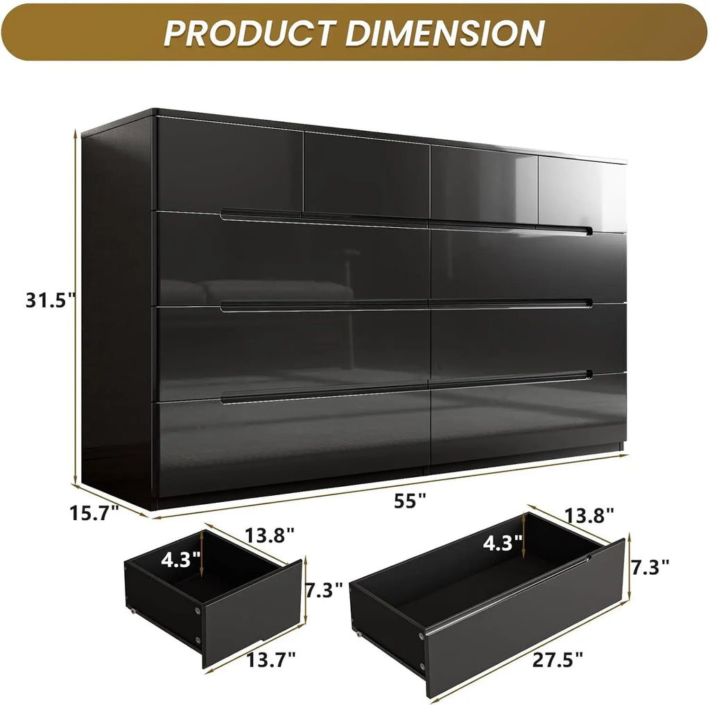 10 Drawer Dresser, Black Dresser for Bedroom, High Gloss Modern Dresser & Chest of Drawers, 55" Long Dresser TV Stand, Large