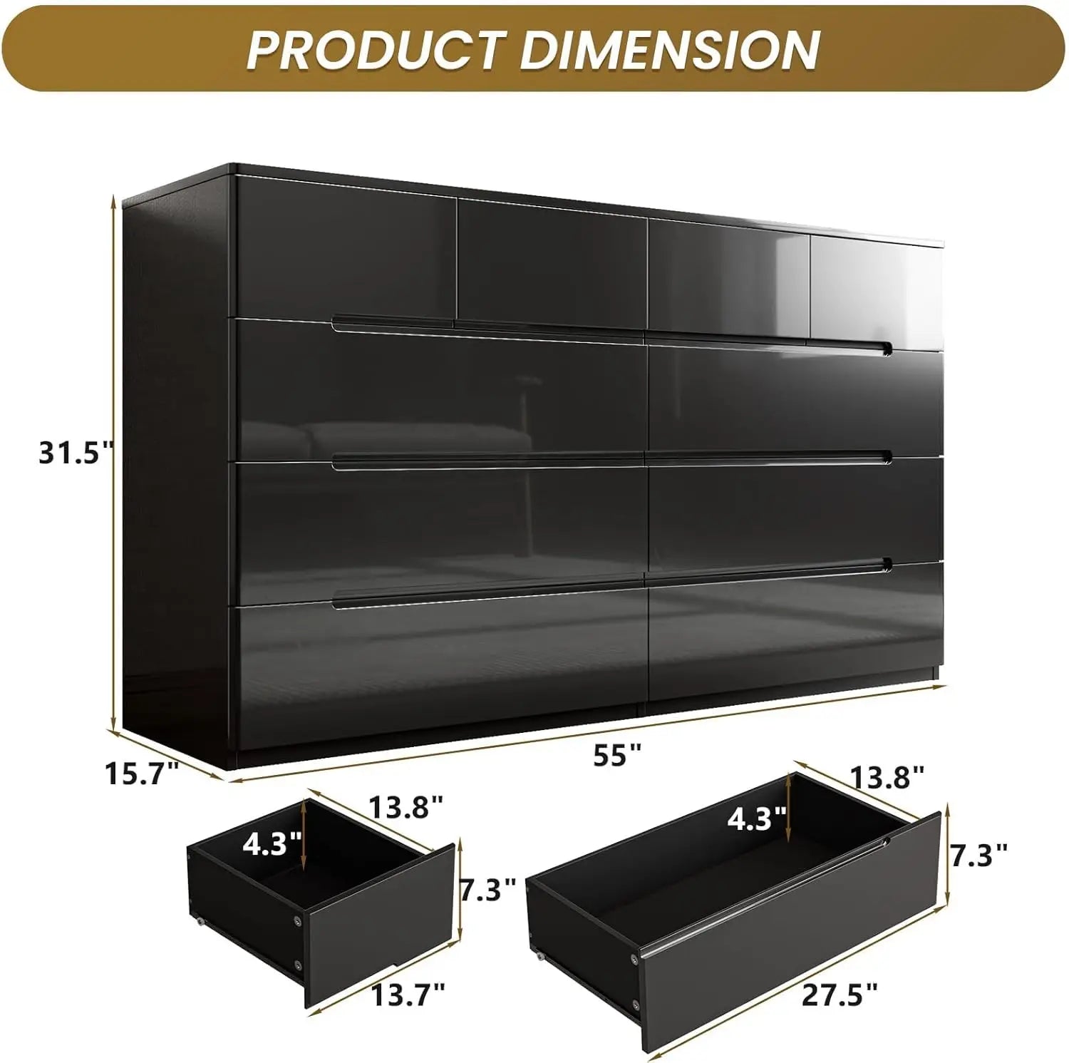 10 Drawer Dresser, Black Dresser for Bedroom, High Gloss Modern Dresser & Chest of Drawers, 55" Long Dresser TV Stand, Large