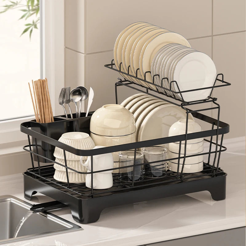 Compact Japanese Kitchen Dish Drainer Steel Dish Rack with Removable Plate Utensil Holder And Dual-Layer Chopstick Holder