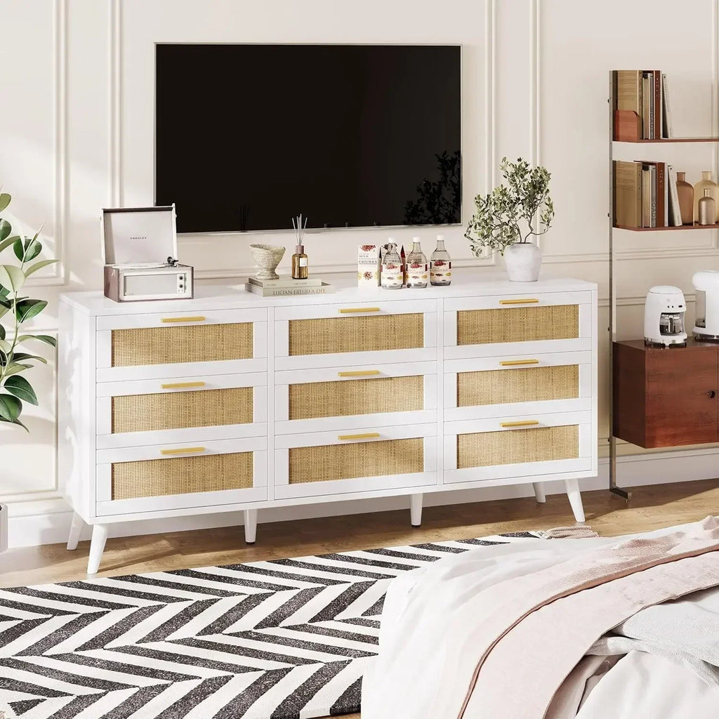 9 Drawer Double Dresser for Bedroom, Rattan Chest of Dressers, Modern Wooden Dresser Chest with Golden Handles, Beside Table