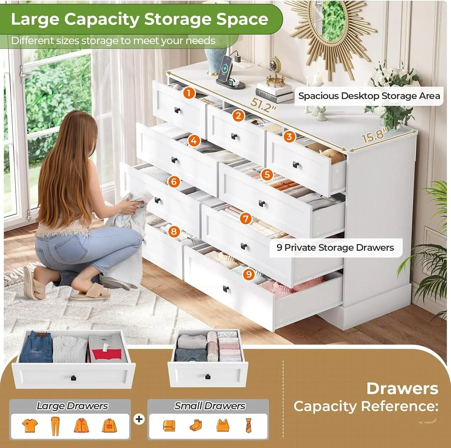 White Bedroom Dresser, 51.2" Large  Charging Station, Wide  , Wooden Tower Organizer Dresser for Bedroom, Living Room