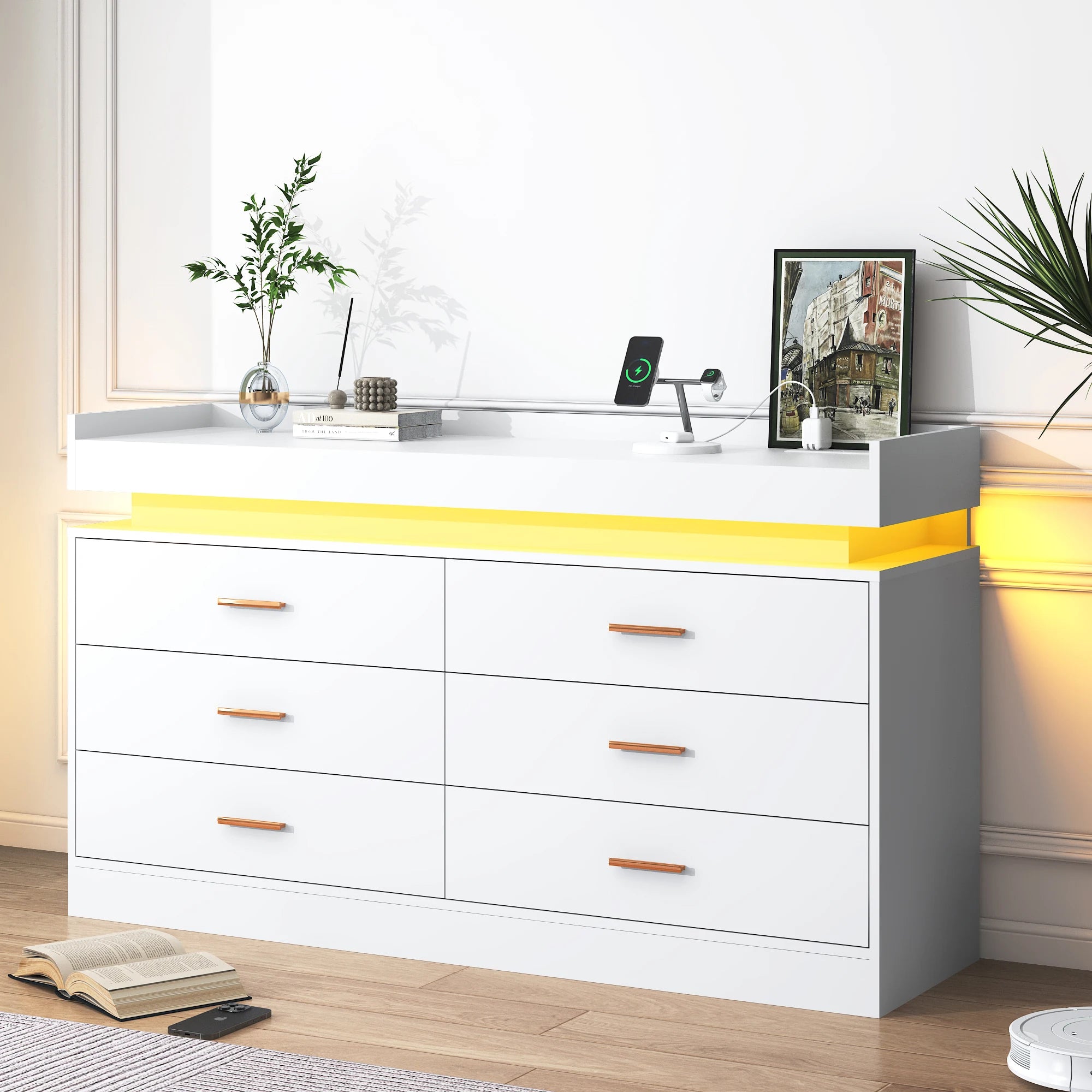6 Drawer Dresser with LED Light and Charging Station, Modern Chest of Drawers for Closet, Wide Drawer Organizer Cabinet