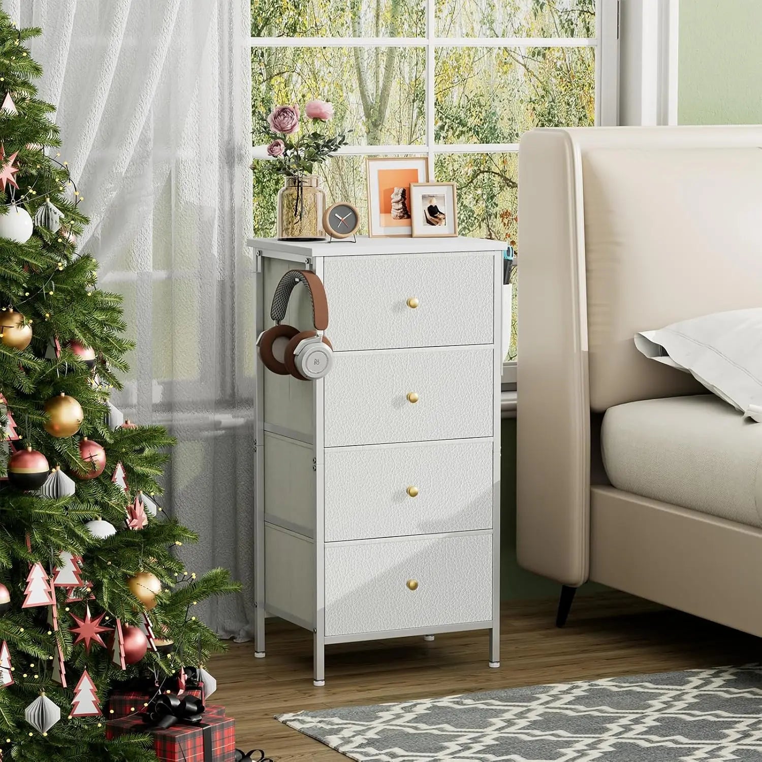 Tall Dresser with 4 Drawers,White Dresser for Bedroom, Tall Storage Tower for Closet,Nursery, Dorm, Dresser Organizer with Frame
