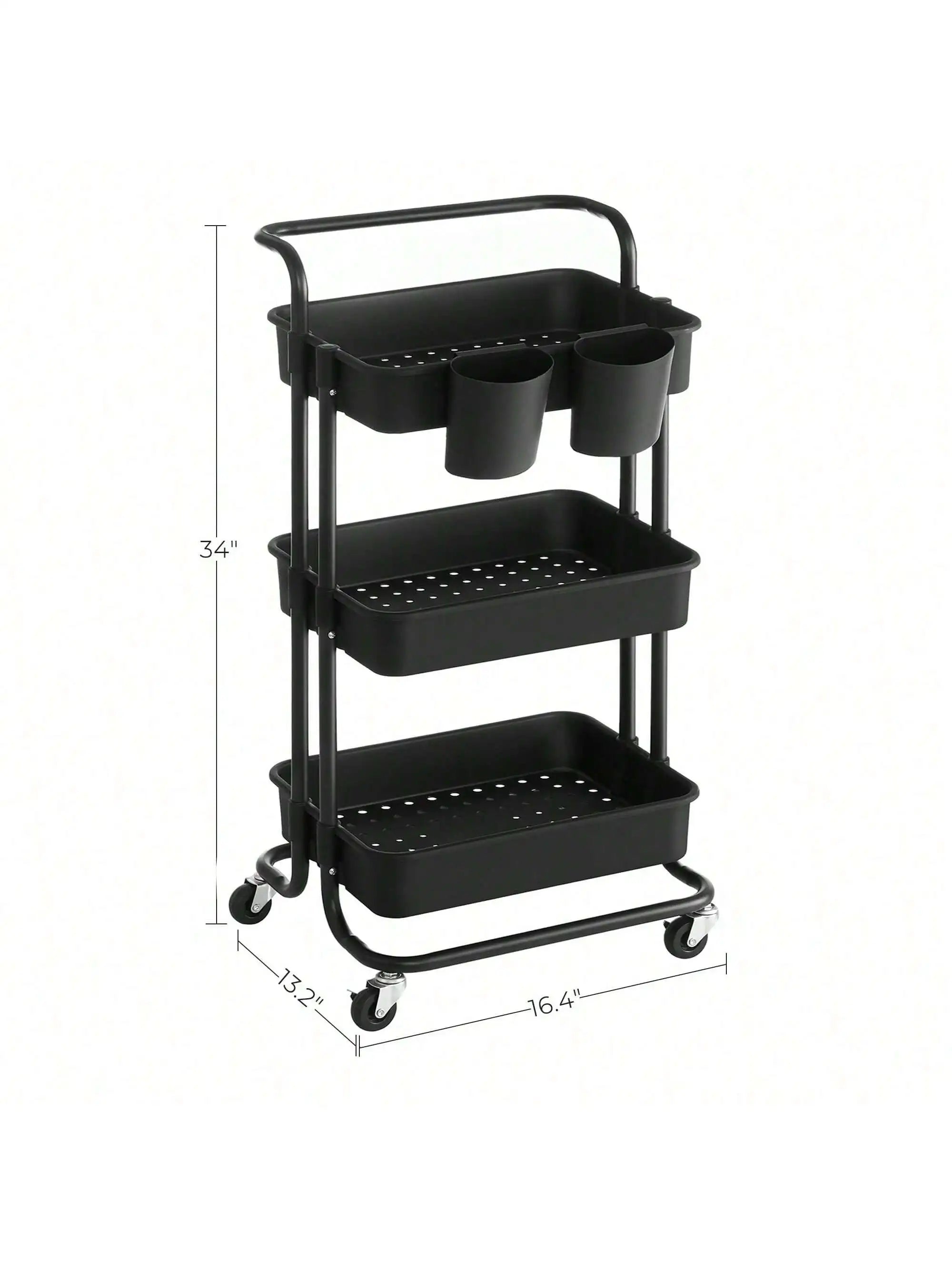 SONGMICS Rolling Cart, 3-Tier Storage Cart, Storage Trolley with Handle 2 Small Organizers, Steel Frame, Plastic Baskets