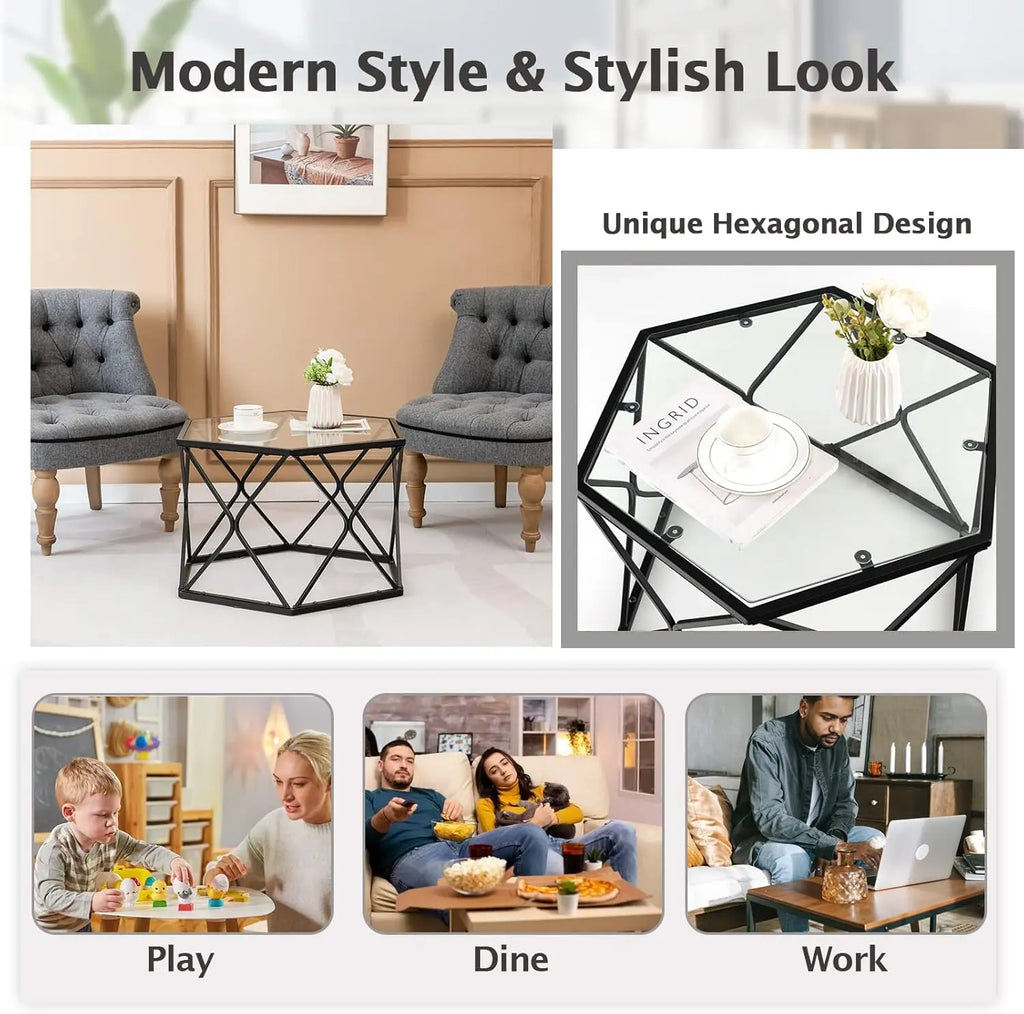 Giantex Hexagonal Glass Coffee Table, End Table W/Tempered Glass Top & Sturdy Metal Legs, Modern Center Table, Geometric Small