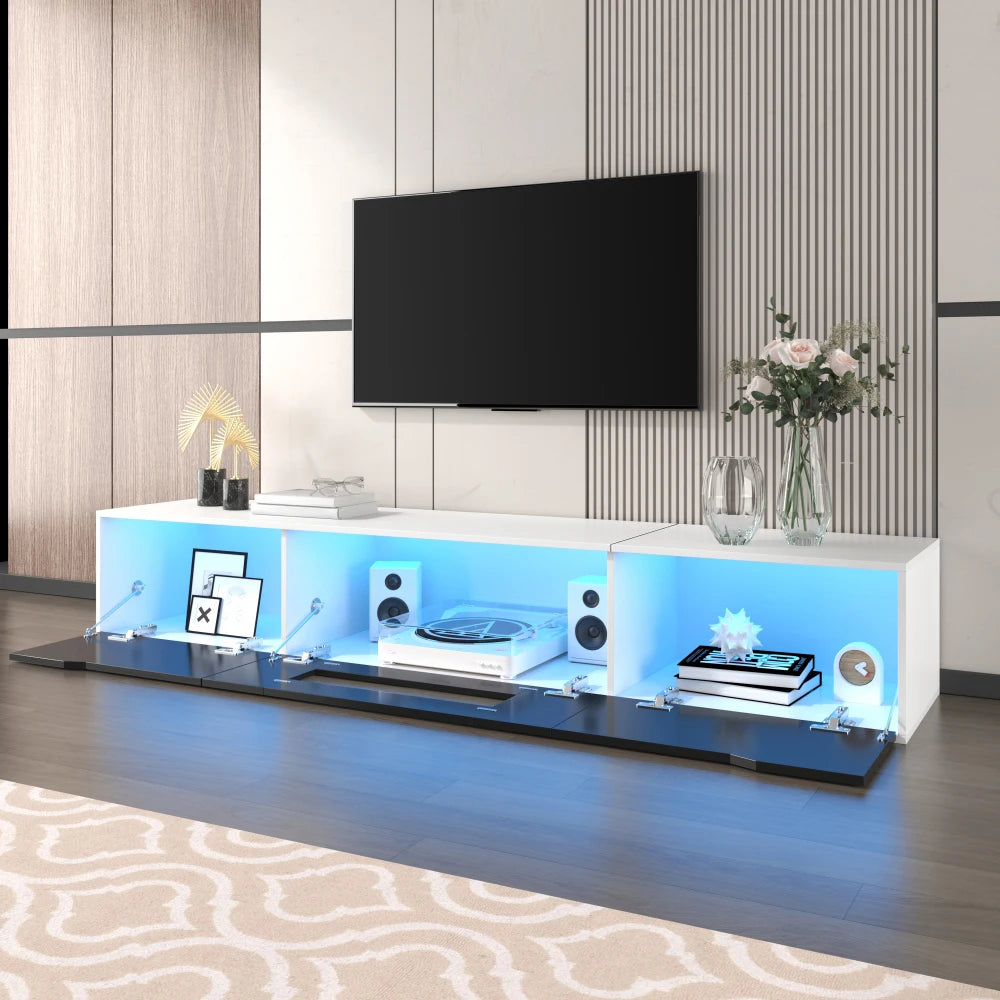 Modern TV Cabinet, High Gloss TV Stand, Color Matching To Black and White, with Color Changing LED Lighting, for Living Room