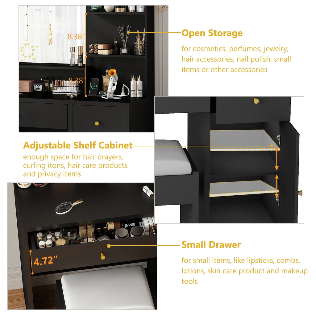Vanity Desk with Mirror and Lights, LED Dressing Table with Vanity Chair Power Outlet, Lighted Makeup Vanity Desk with 2 Drawers