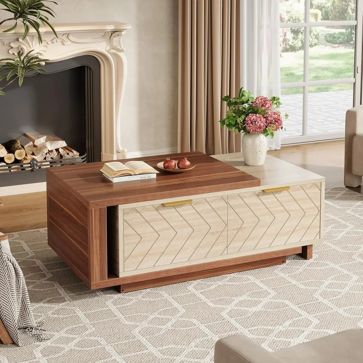 Extendable Coffee Table,Length Adjustable Reversible Wood Coffee Table with 2 Storage Drawers,Rectangular Dual-Tone Center Table