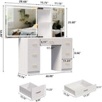 Vanity Desk with Lighted Mirror and Charging Station&Glass Tabletop, Sliding Mirror Makeup Vanity Table, Dressing Table