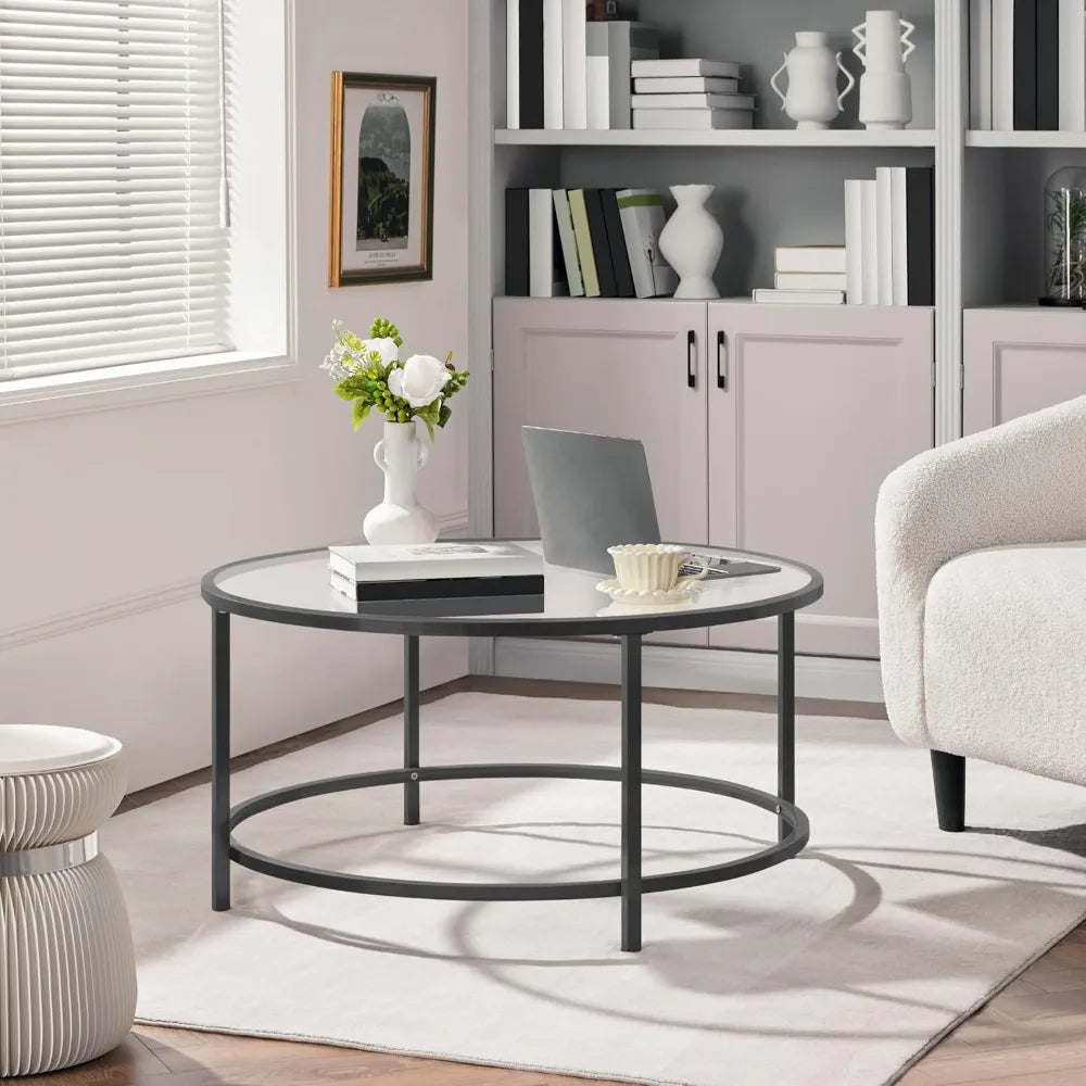 36" Round Glass Coffee Table, Black Circle Coffee Table Center Table with Glass Top, Small Coffee Table