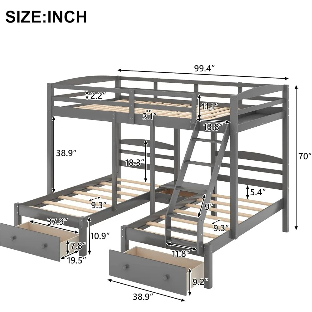 Triple Bunk Bed Full Over 2 Twin Bunk Bed with 3 Drawers and Guardrails, Bunk Bed for Family, Teens, No Box Spring Needed