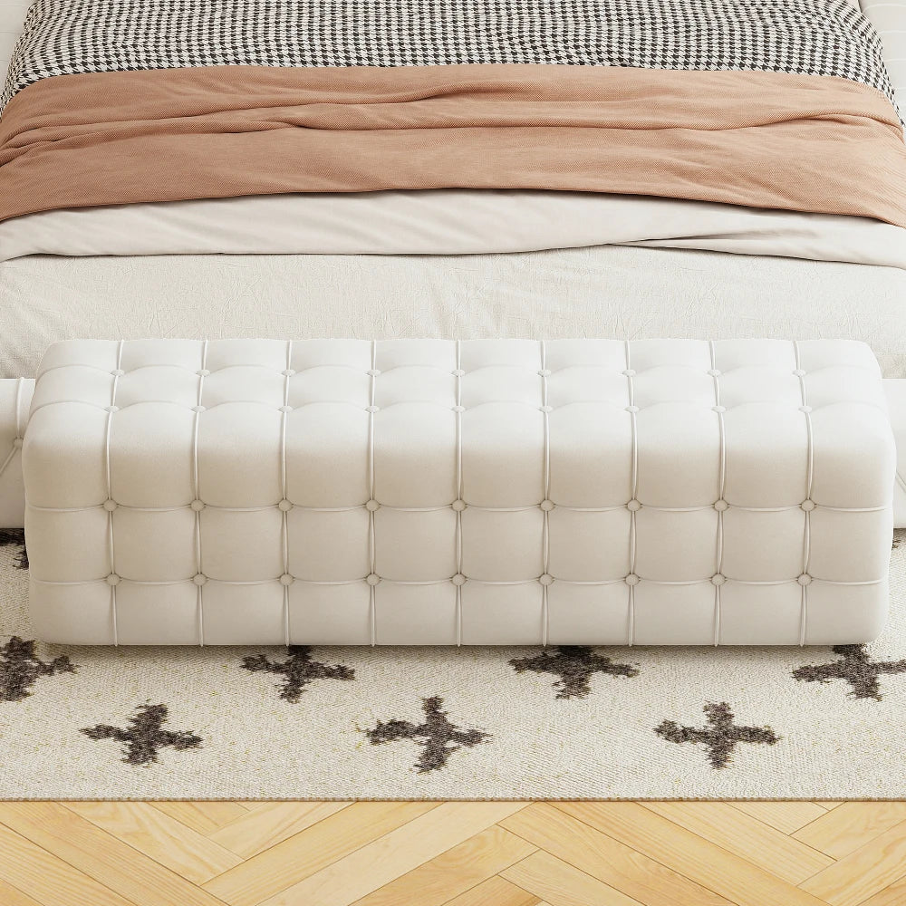 All Covered Velvet Upholstered Ottoman, Rectangular Footstool Bedroom Footstool No Assembly Required Elegant and Luxurious White
