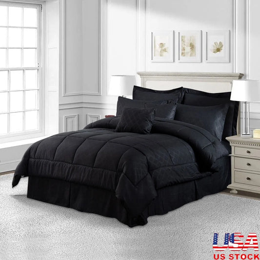 10 Piece Queen Size Bed in a Bag Comforter Set Soft Microfiber Bedding Set Elegant Plaid Pattern Decorative Pillows All Season