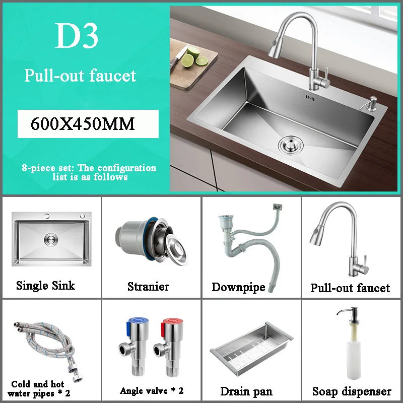 Stainless Steel Kitchen Sink Farm House Above Counter Undermounter Single Bowel Wash Basin with Faucet Drain Kitchen Accessories