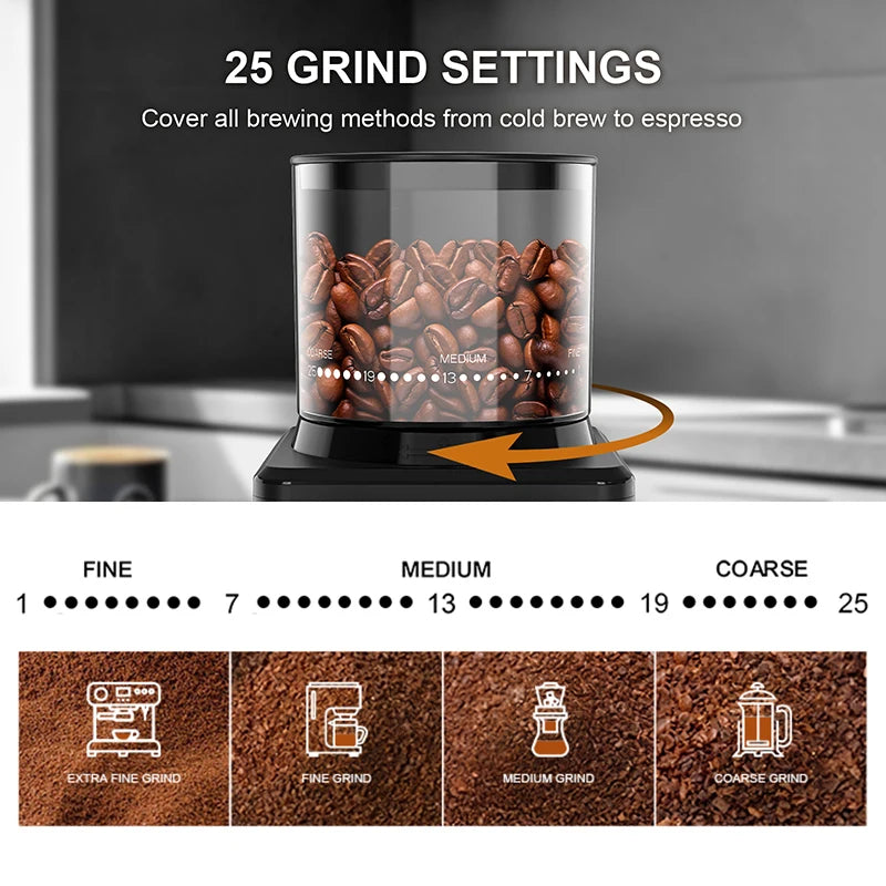 Professional Conical Burr Coffee Grinder Coffee Grinders with 25 Girind Settings Easy to Clean with Brush Anti-static Powder Box
