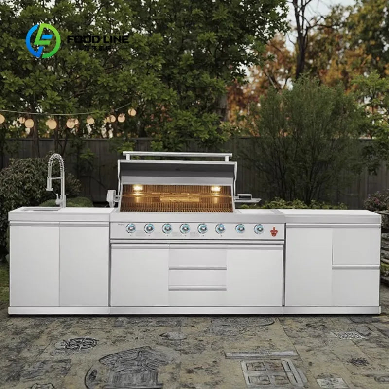Customized Luxurious Outdoor Modular Kitchen with Stainless Steel BBQ Oven Fridge Trash Can for Courtyard Camping