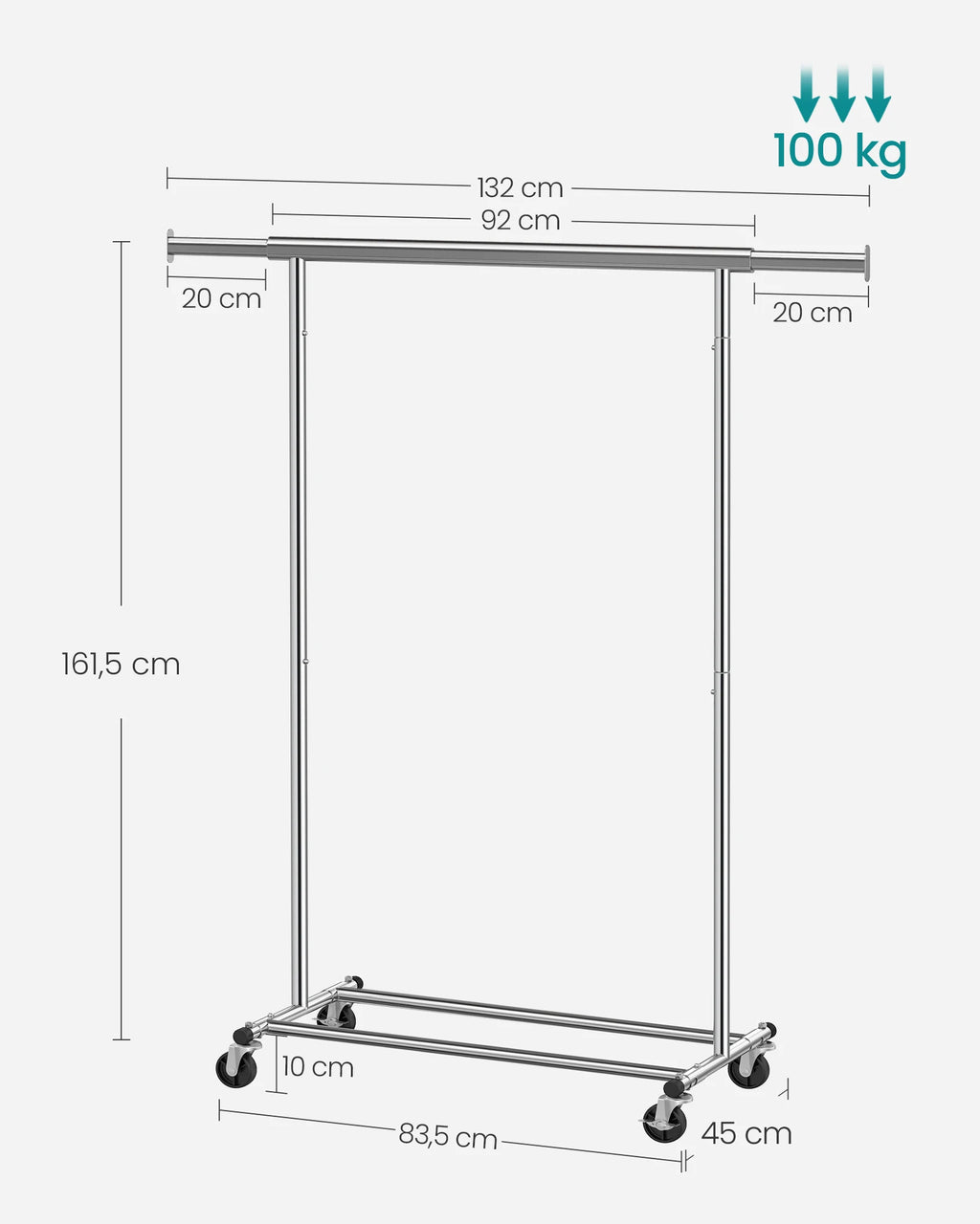 SONGMICS dresses stand on wheels, heavy-duty coat rack stand, extendable dresses Rod, up to 100 kg