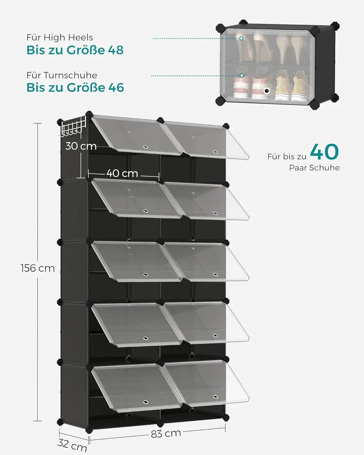SONGMICS shoe rack with 10 compartments, shoe cabinet, 30x40x30 cm per compartment, narrow, with doors, steel frame, plastic