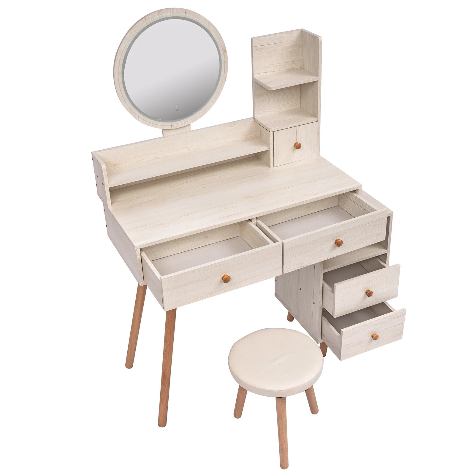 Vanity Table + Cushioned Stool Touch Control LED Mirror Large Capacity Storage Cabinet 5 Drawers L31.5"-43.2"x W15.8" x H48.1